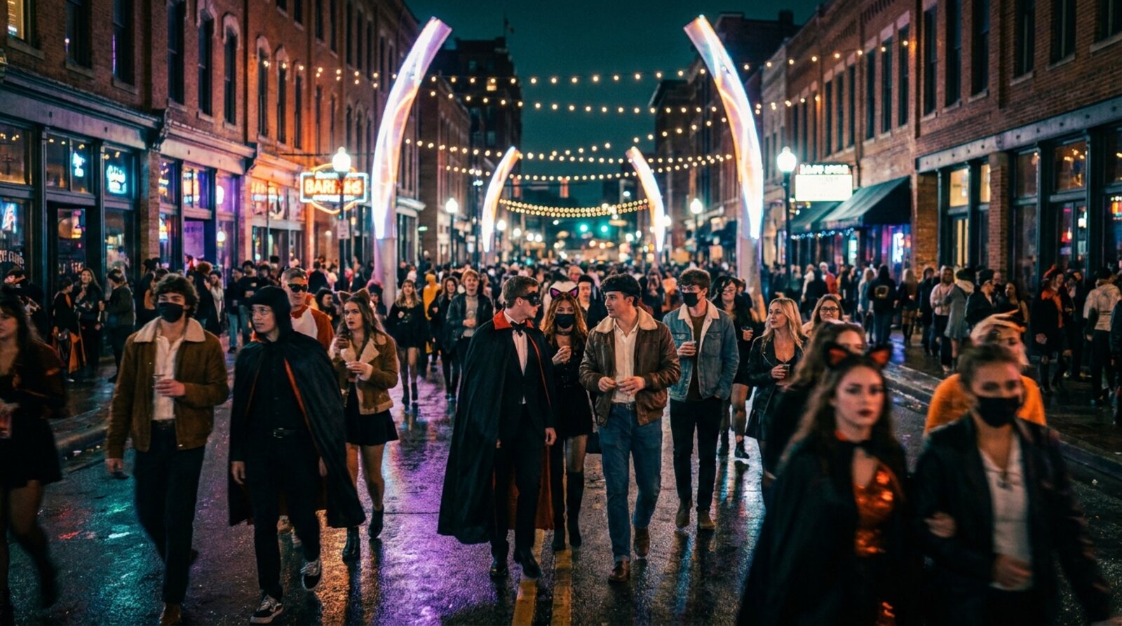 Costumed crowd on a Toronto Halloween bar crawl through the Entertainment District at night
