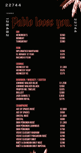 Escobar bottle service menu