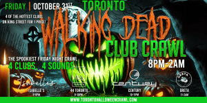 Spooky Halloween club crawl in Toronto featuring four clubs, four sounds, and a midnight party.