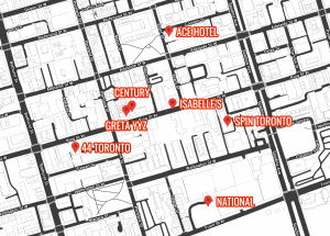 Vibrant Toronto nightclub map showcasing popular clubs like ACE Hotel, Spin Toronto, and Gretzkyz.