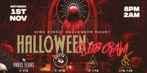 Spooky Halloween event in Toronto with themed parties and nightclubs, happening November 1st from 8 PM to 2 AM.