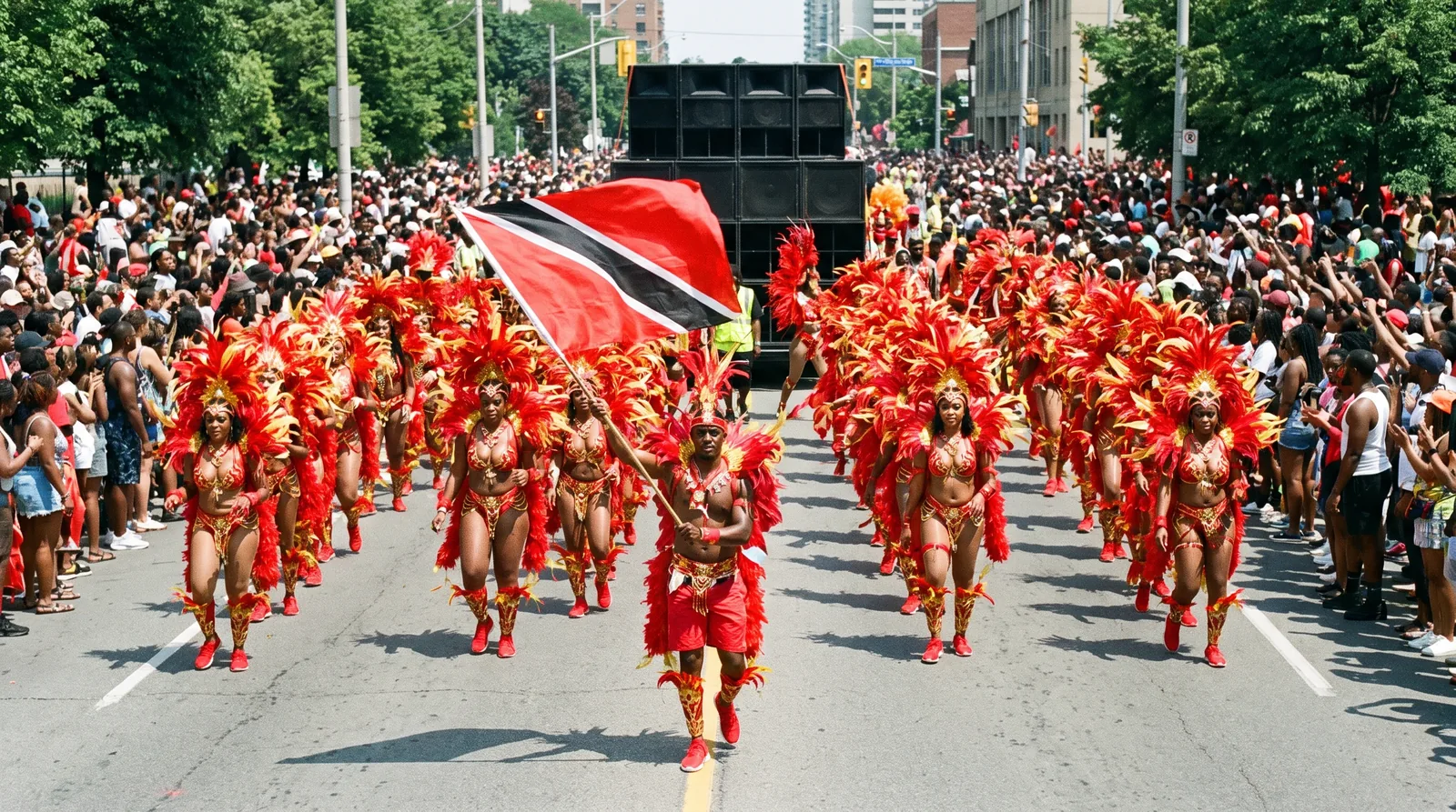 Masqueraders in feather costumes on the road at the Toronto Caribbean Carnival