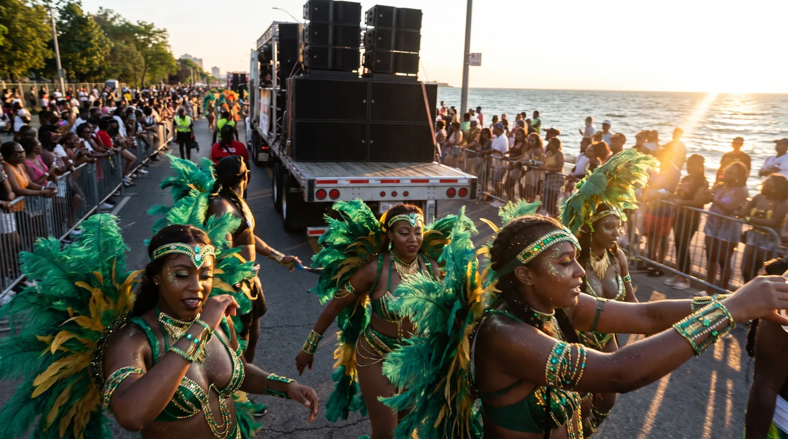 Caribana Grande Parade mas band in full costume moving along Lake Shore Boulevard in Toronto