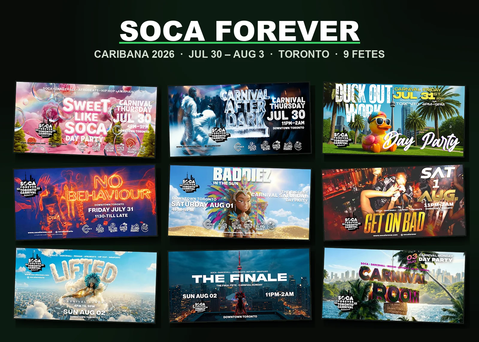 Soca Forever Caribana 2026 fete posters: nine parties across carnival weekend, July 30 to August 3, downtown Toronto